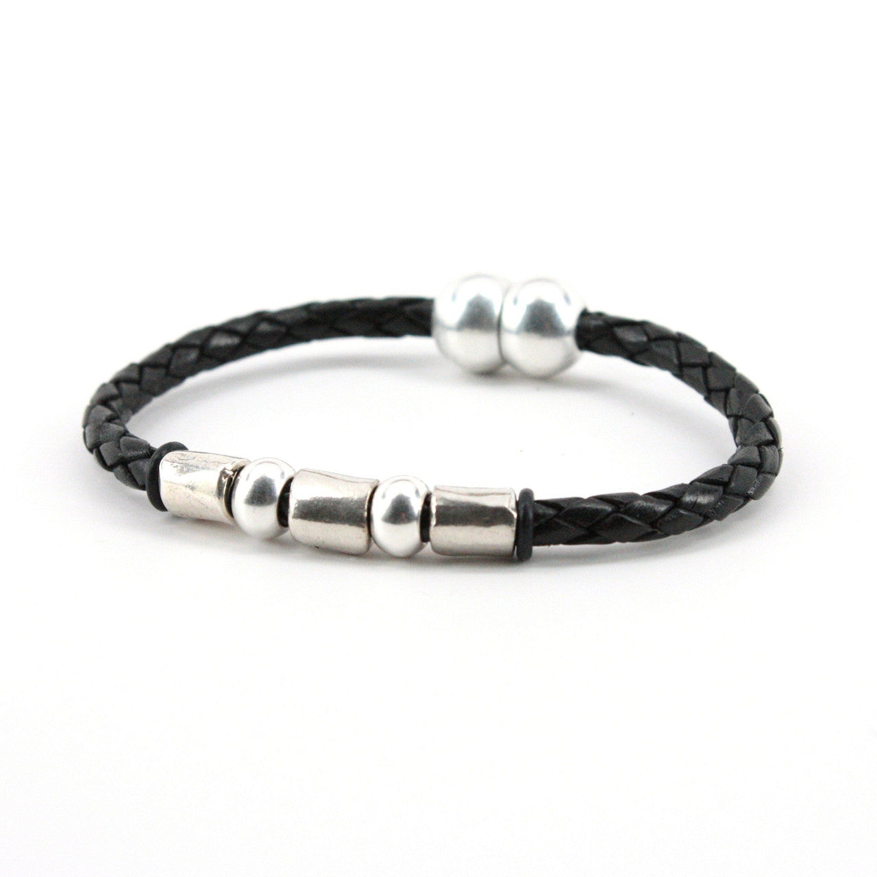 Braided Leather "Andiamo" Bracelet With Sterling Plate Beads in Black