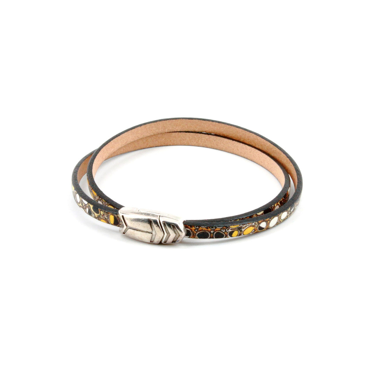Back & Gold Genuine Leather Bracelet with Painted River stone/pebble design