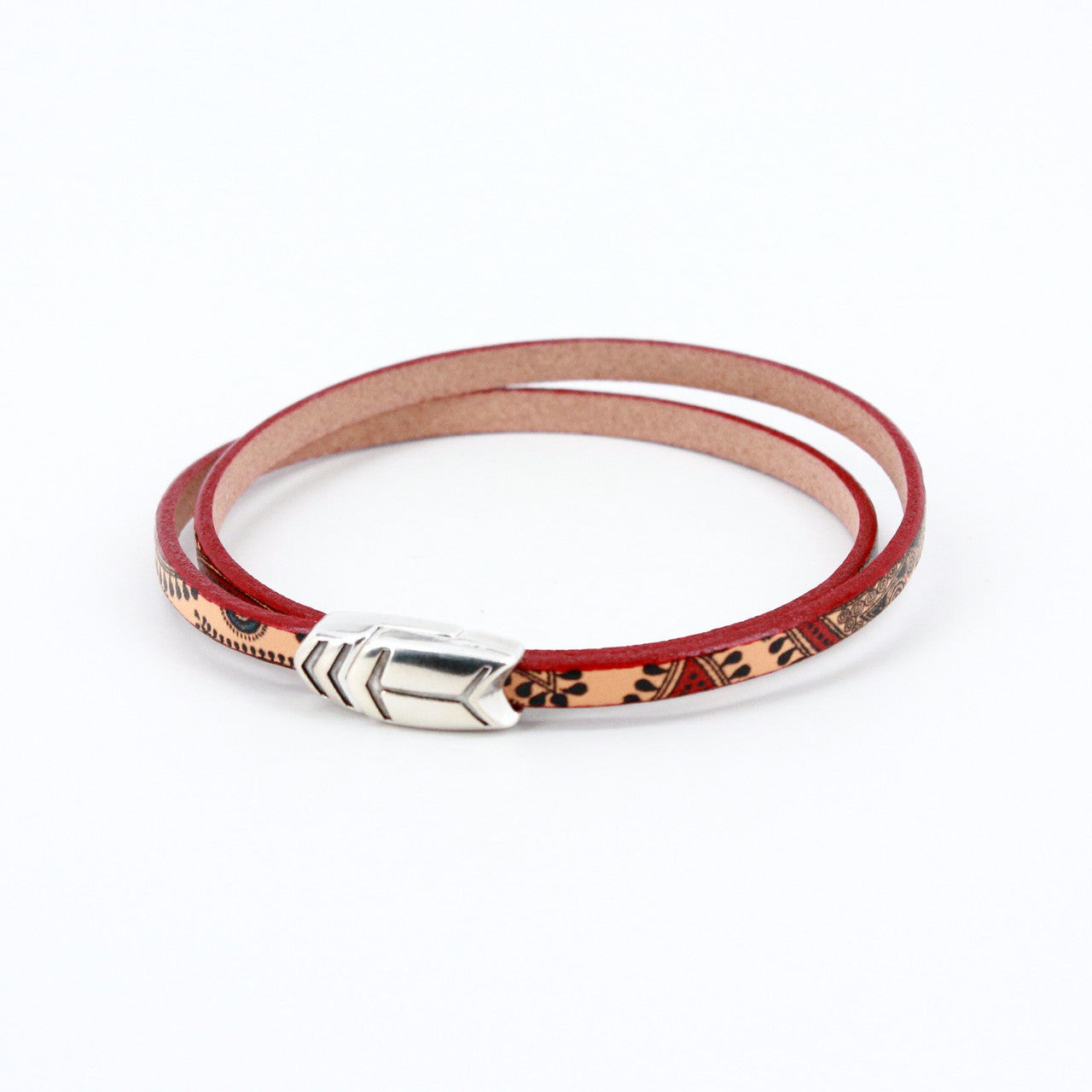Painted Leather Paisley Bracelet in Red