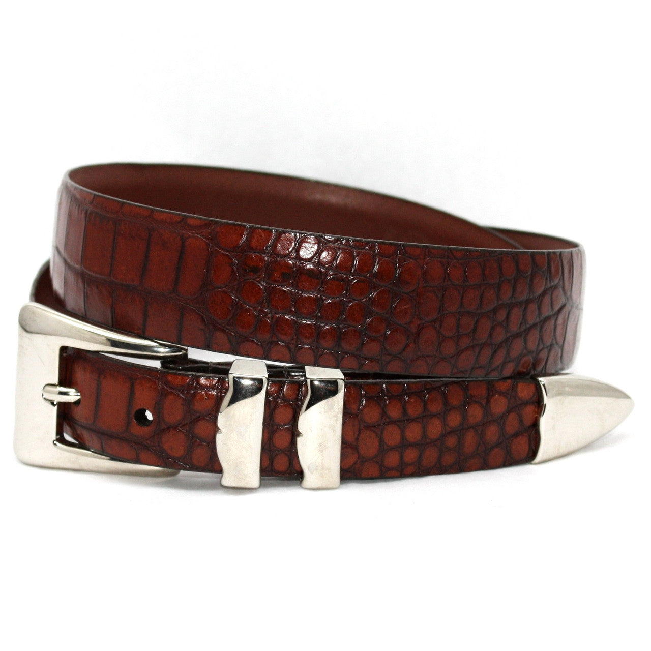 Cognac Alligator Embossed Calfskin Belt With 4pc Nickel Buckle Set