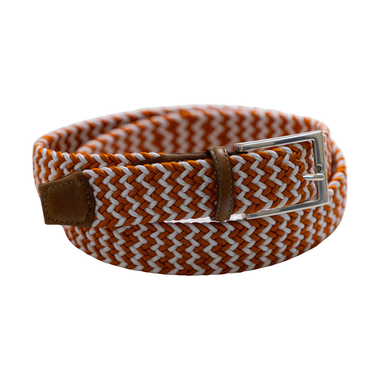 Game Day Italian Woven Stretch Belt in Burnt Orange and White by Torino Leather