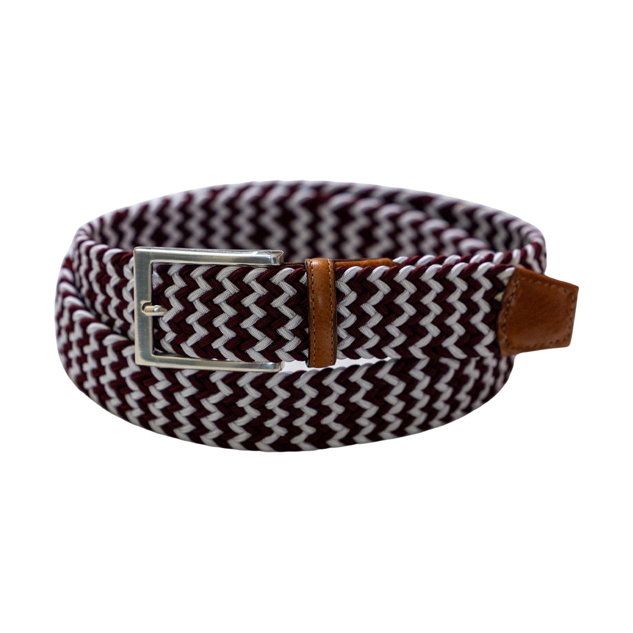 Game Day Italian Woven Stretch Belt in Maroon and White by Torino Leather