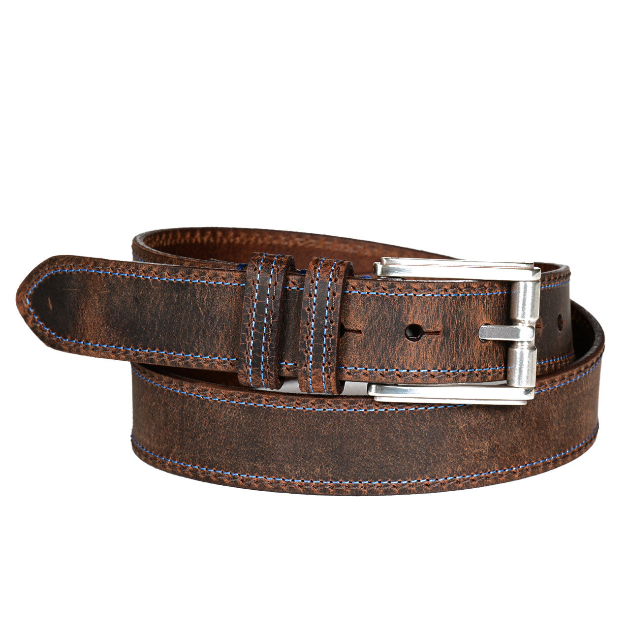 Distressed Waxed Harness Leather Belt with Brown and Blue Stitch in Brown by Torino Leather
