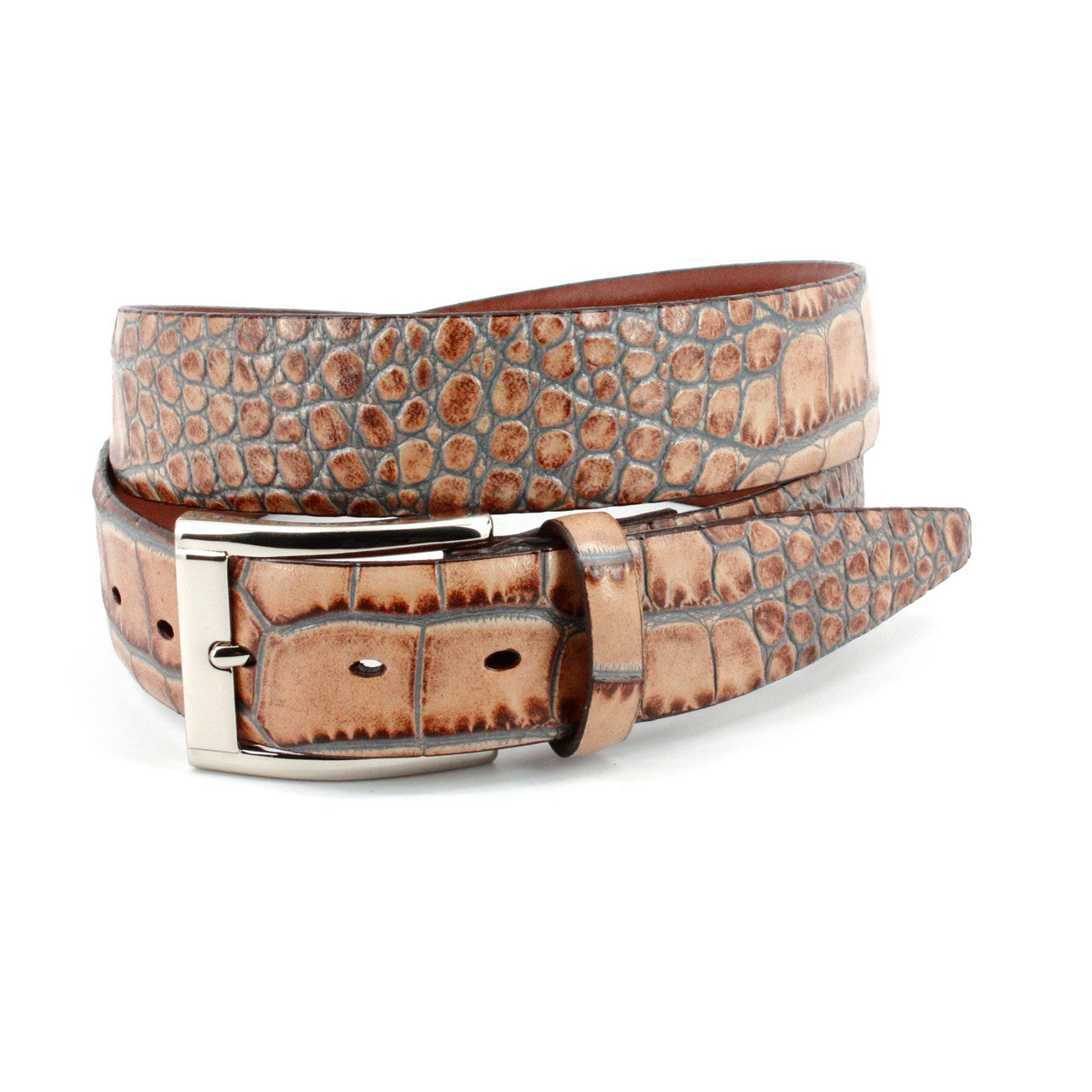 Faux Crocodile Embossed Calfskin Dress Casual Belt in Taupe with Light Blue Grey