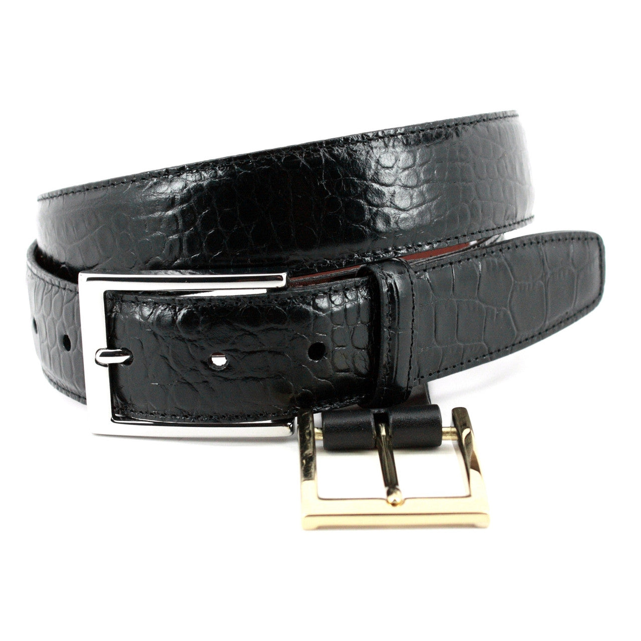 Faux Alligator Embossed Calfskin Dress Belt in Black