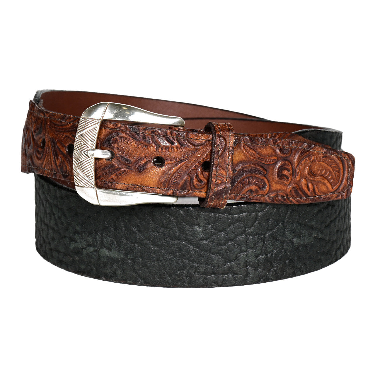 Two-Tone Pebbled and Tooled Cowhide Leather Belt with Satin Silver Buckle in Black/Cognac by Torino Leather