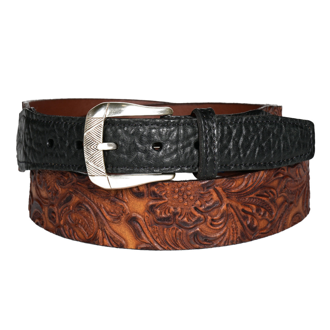 Two-Tone Pebbled and Tooled Cowhide Leather Belt with Satin Silver Buckle in Antique Cognac/Black by Torino Leather