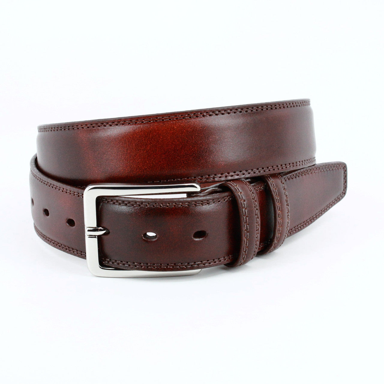 Hand Antiqued Italian Calfskin Leather Dress Belt in Mahogany