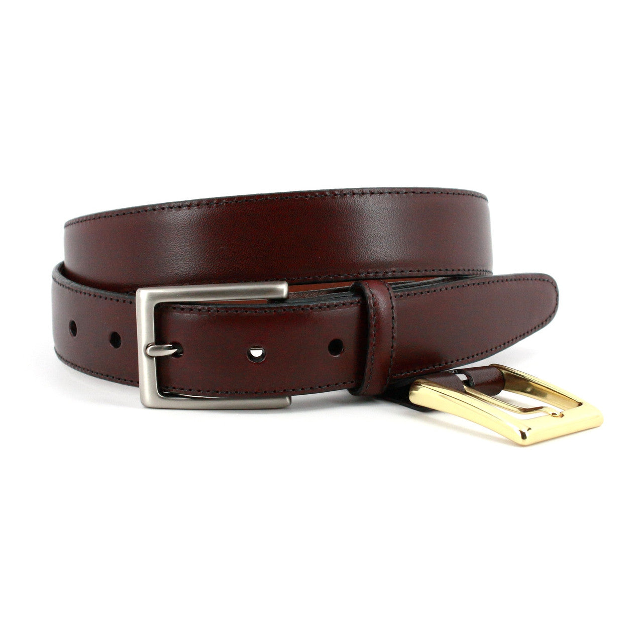 Burgundy Glazed Kipskin Dress Belt with Double Buckle Option of Brass or Nickel