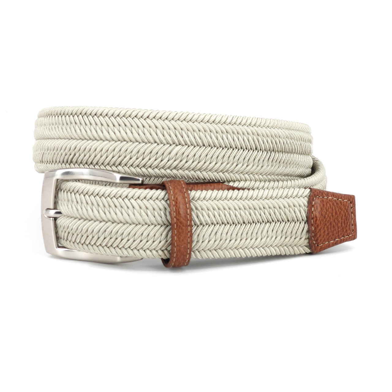 Italian Woven Herringbone Rayon Stretch Casual Belt in Light Khaki