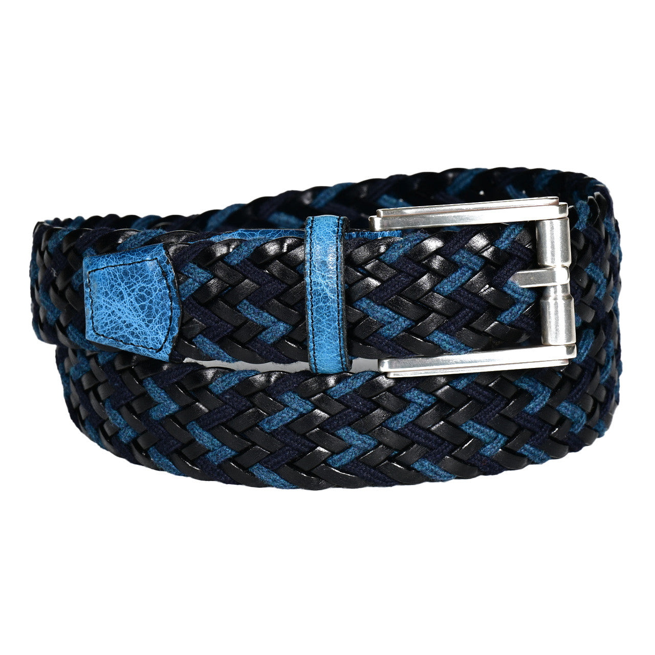 Italian Chevron Weave Belt with Distressed Shrunken Calfskin in Blue/Black/Navy by Torino Leather