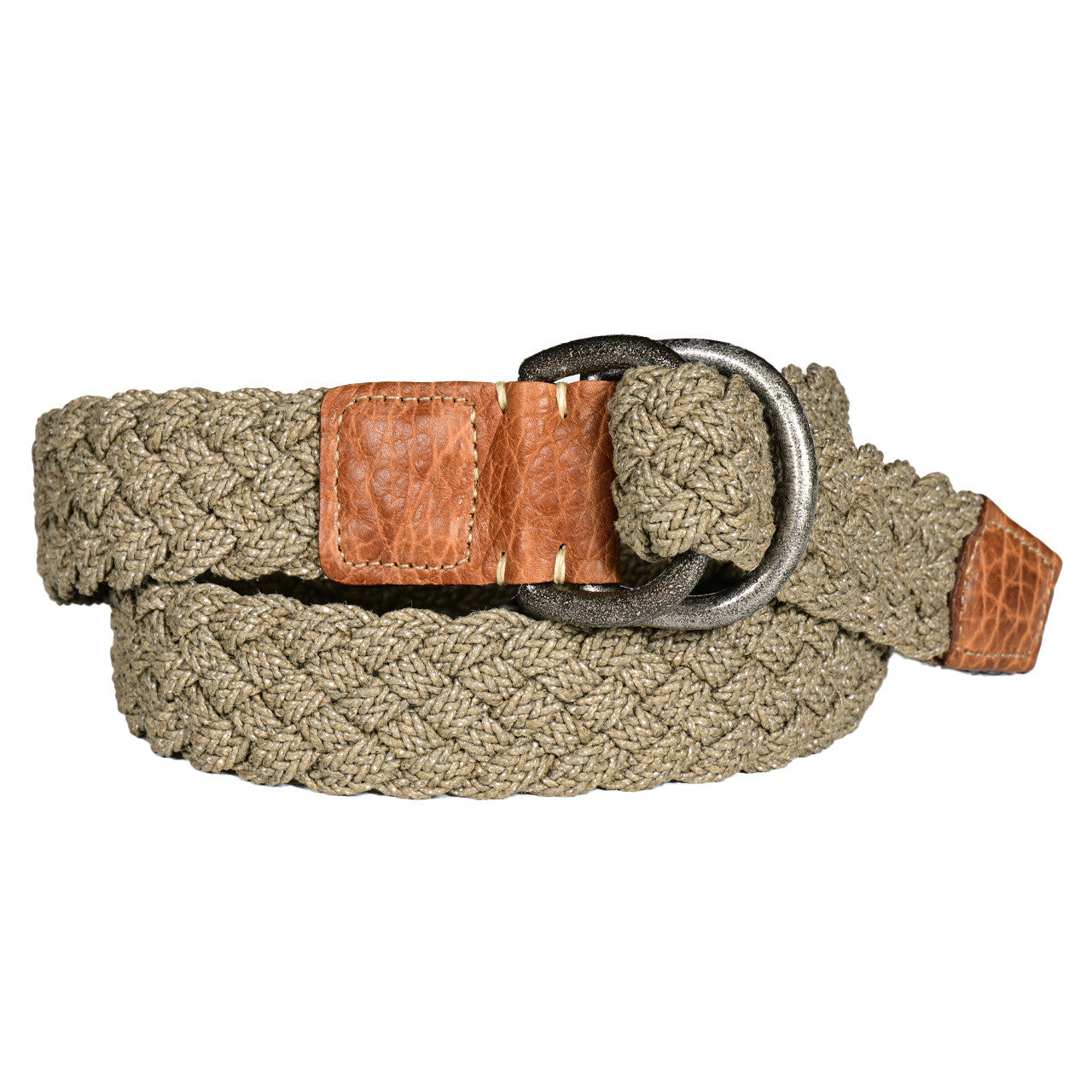 Italian Woven Cotton Belt with Tan Bison Tabs in Olive by Torino Leather