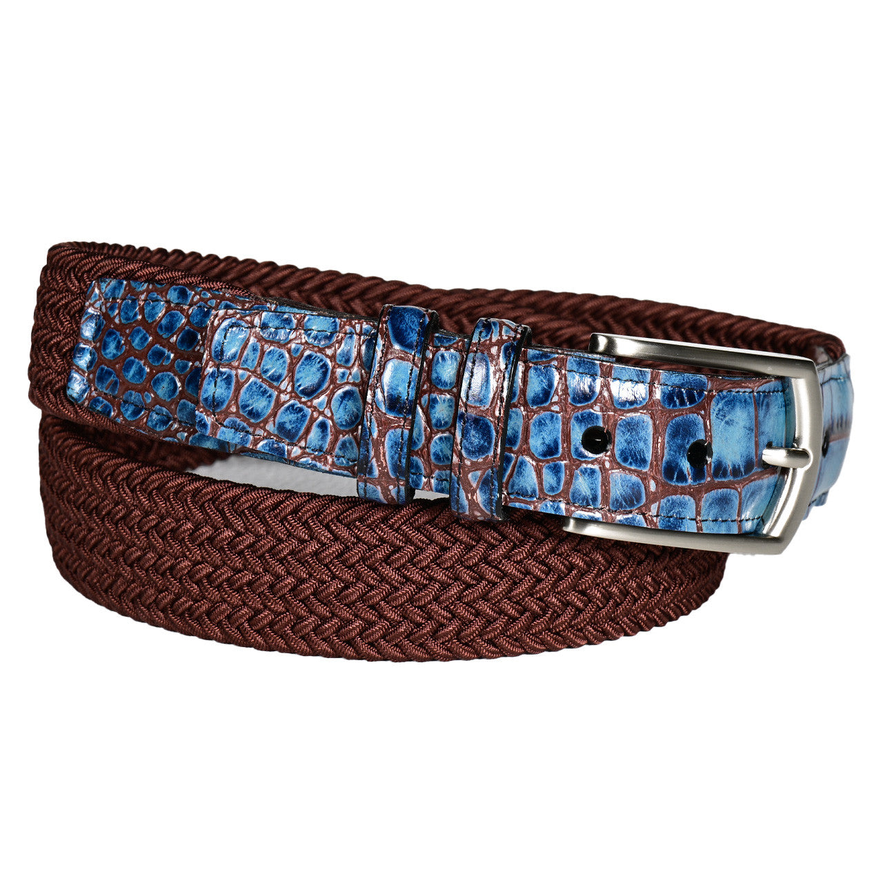 Italian Woven Rayon Elastic Belt with Two-Tone Crocodile-Embossed Calfskin Tabs in Cinnamon/Blue by Torino Leather