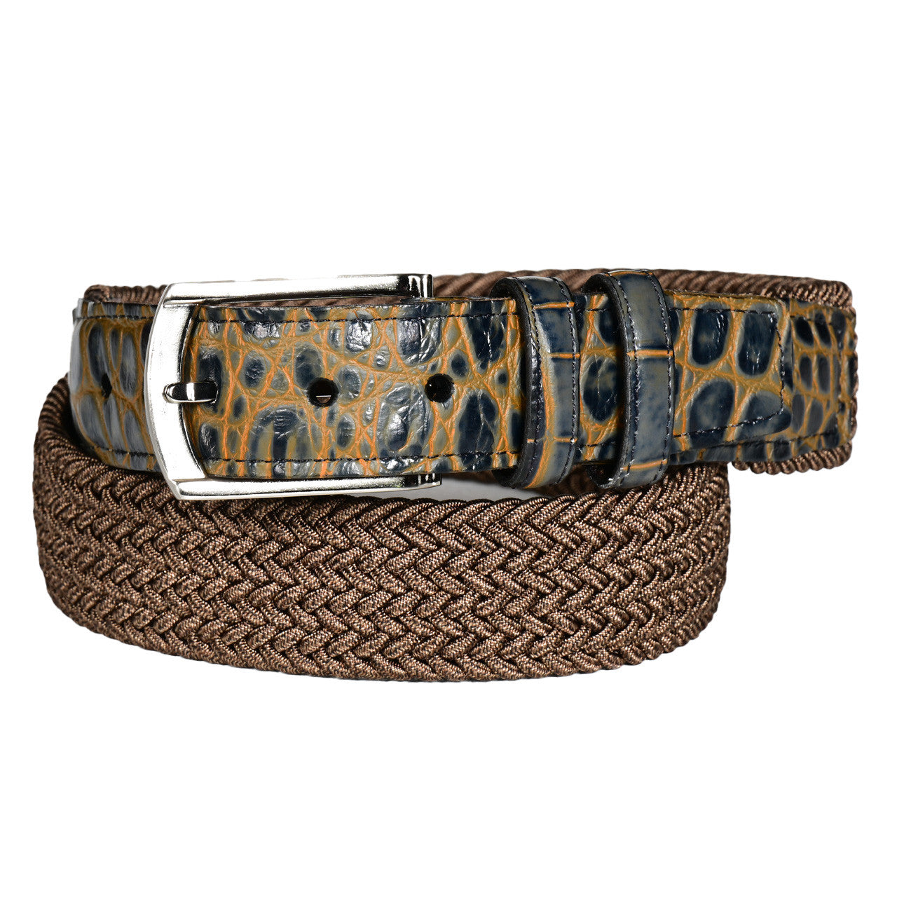Italian Woven Rayon Elastic Belt with Two-Tone Crocodile-Embossed Calfskin Tabs in Mocha/Charcoal by Torino Leather