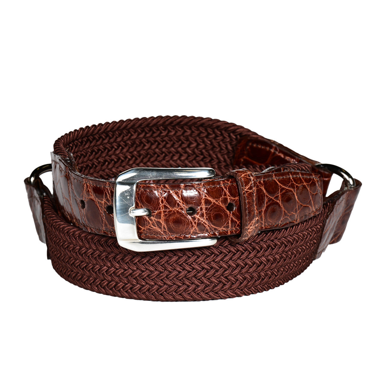 3-Piece Woven Italian Rayon Belt with American Alligator and Polished Nickel Buckle in Cinnamon/British Tan by Torino Leather