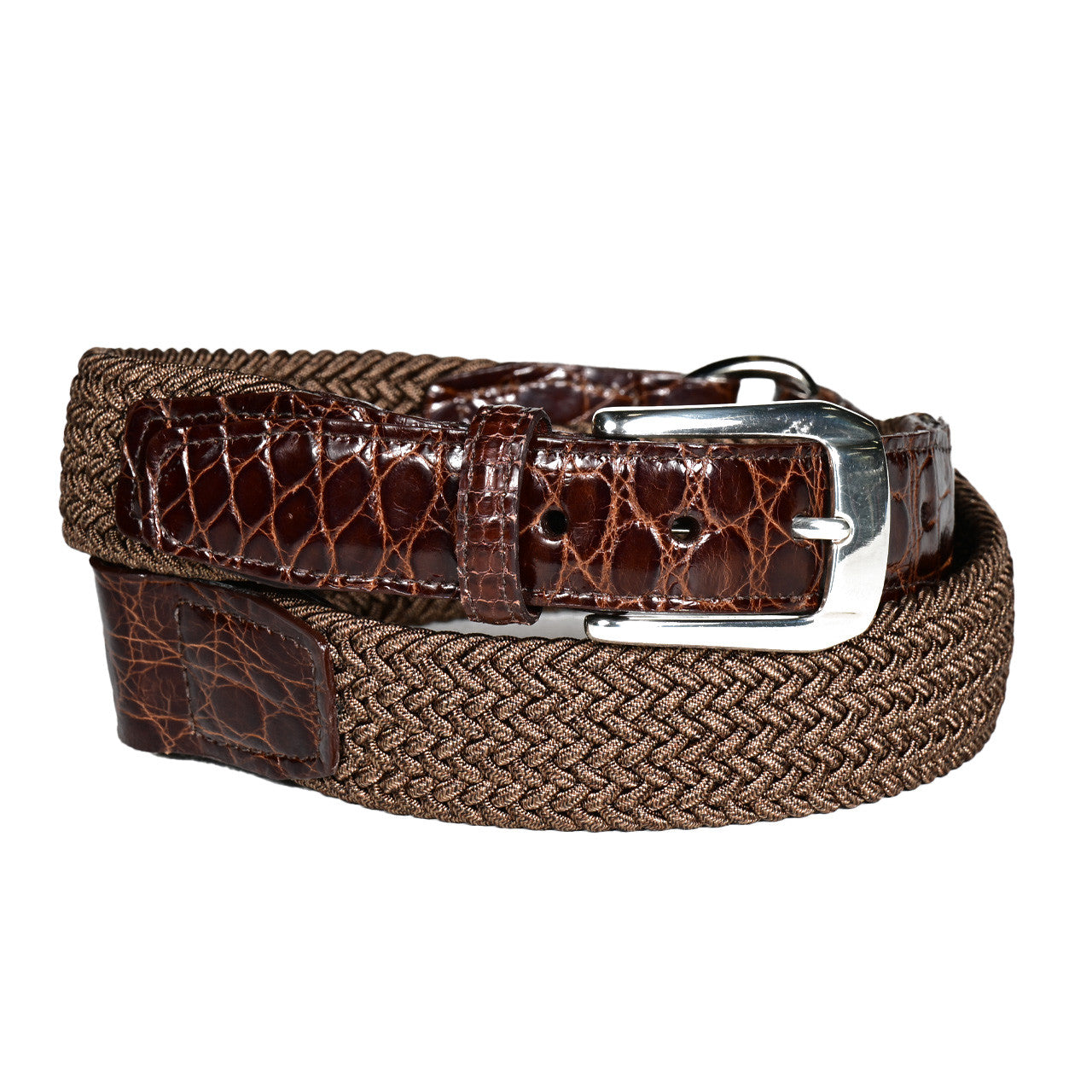 3-Piece Woven Italian Rayon Belt with American Alligator and Polished Nickel Buckle in Mocha/Brown by Torino Leather