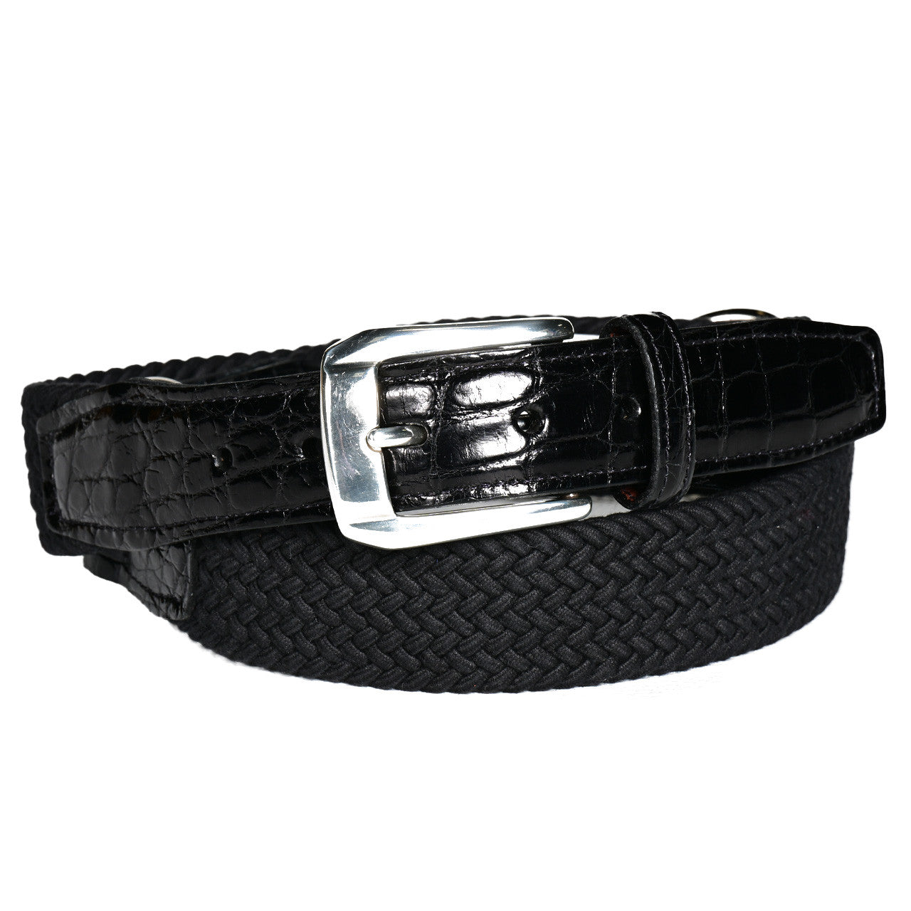 3-Piece Woven Italian Rayon Belt with American Alligator and Polished Nickel Buckle in Black by Torino Leather