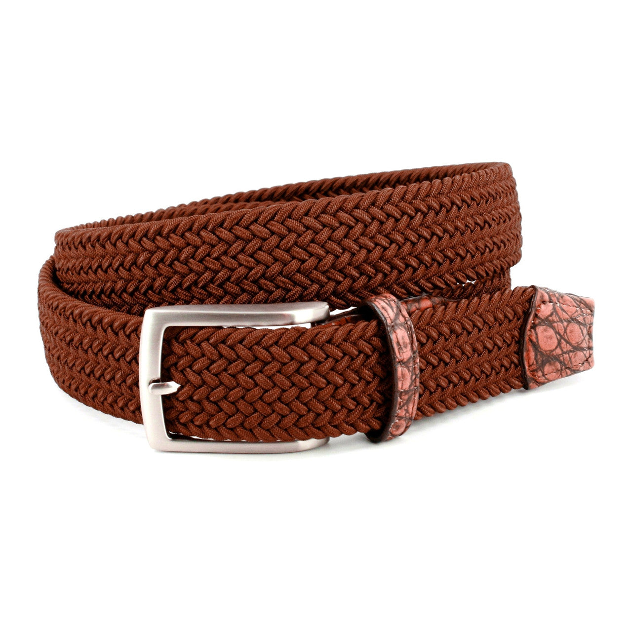 Italian Rayon Stretch Fabric Belt with Genuine Caiman Tabs in Cinnamon