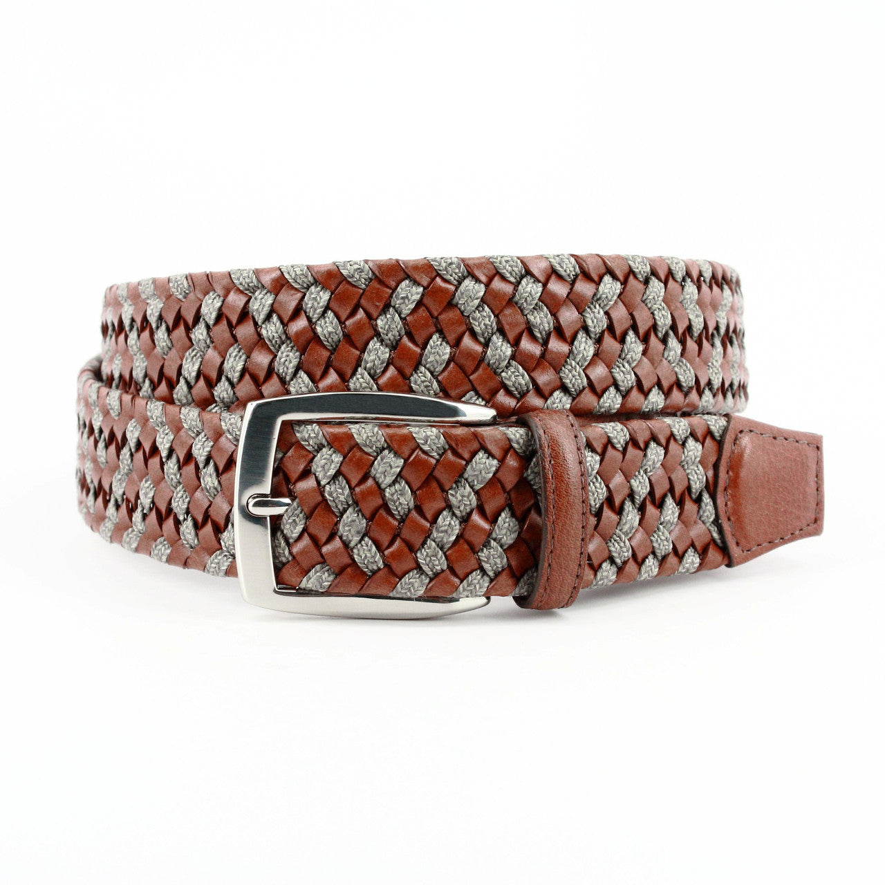 Big & Tall Italian Braided Leather & Linen Belt in Cognac/Taupe