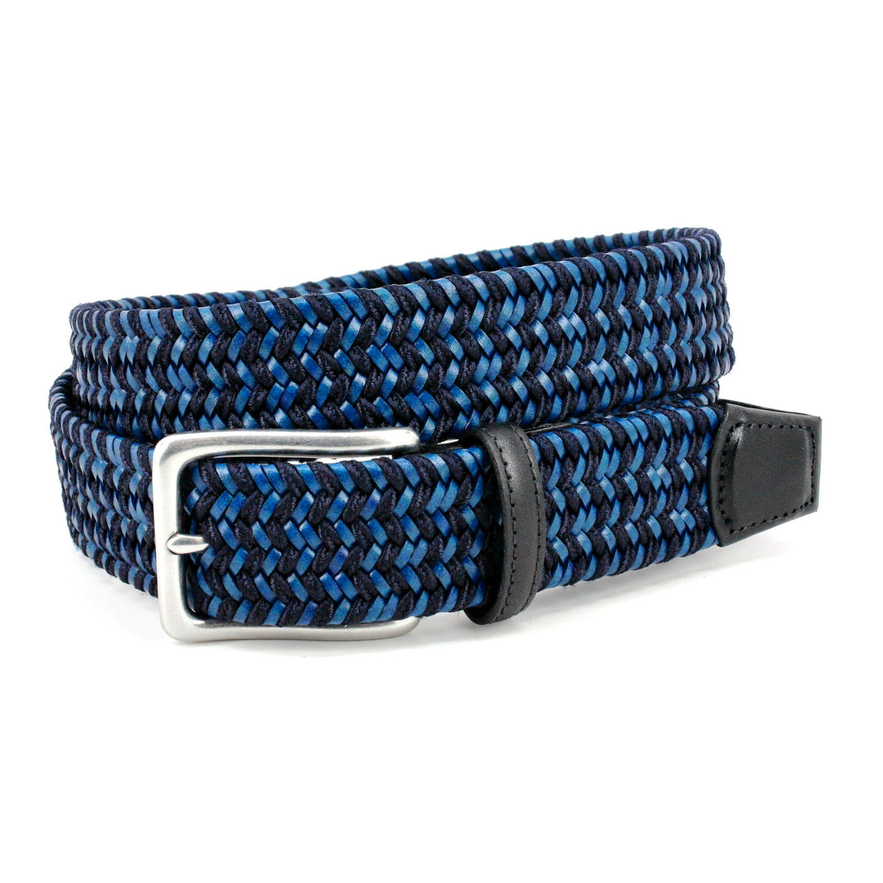 Italian Woven Leather & Rayon Casual Belt in Navy with Matte Nickel Buckle