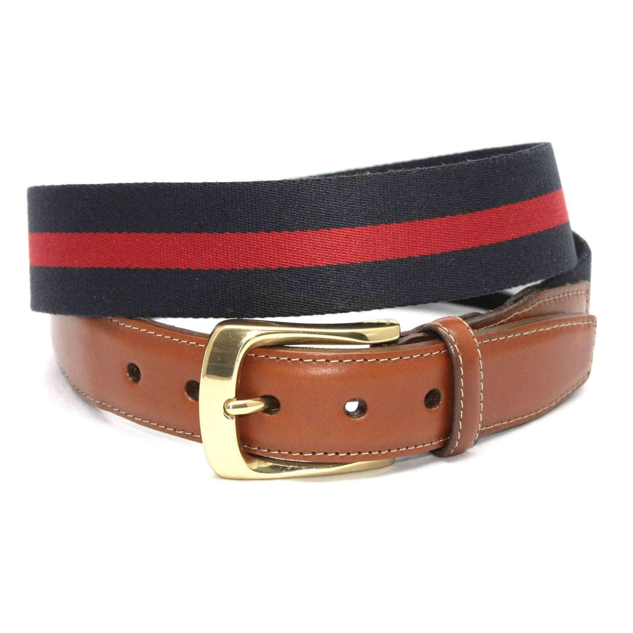 Navy/Red Striped Ribbed European Fabric Casual Belt with Brass Buckle
