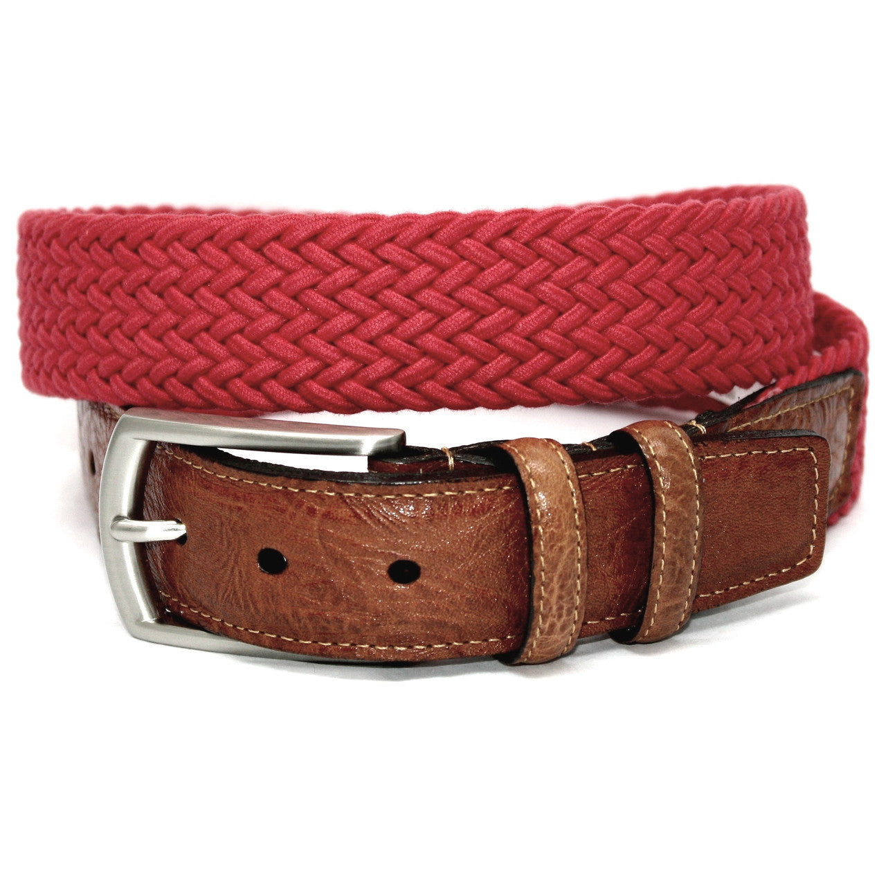 Red Italian Woven Cotton Elastic Stretch Casual Belt with Tan Leather Tabs