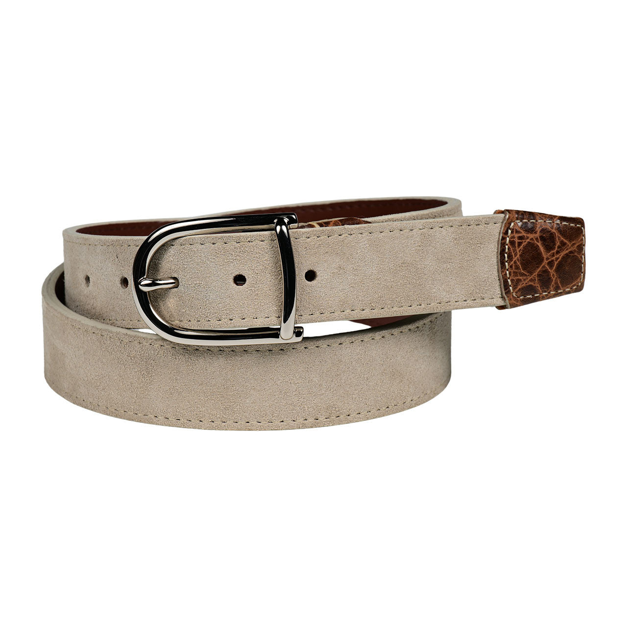 Suede Calfskin Casual Belt with Crocodile-Embossed Calfskin Tabs in Tundra by Torino Leather