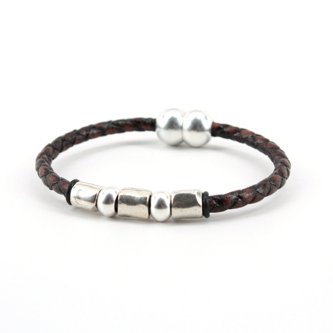 Braided Leather "Andiamo" Bracelet With Sterling Plate Beads in Brown