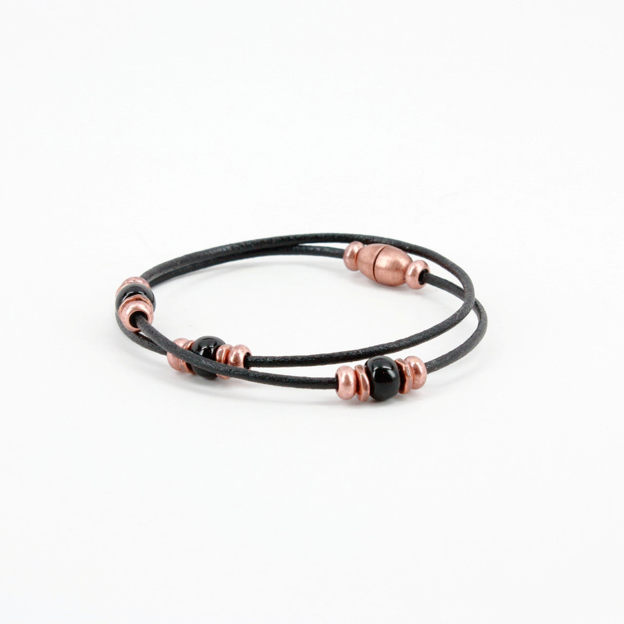 Copper &  Black Beaded Leather Bracelet
