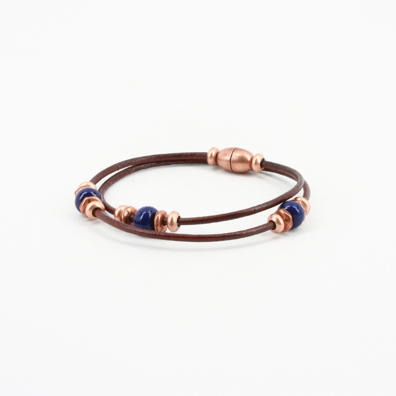 Double Wrap Brown Leather Bracelet with Copper & Navy Beading