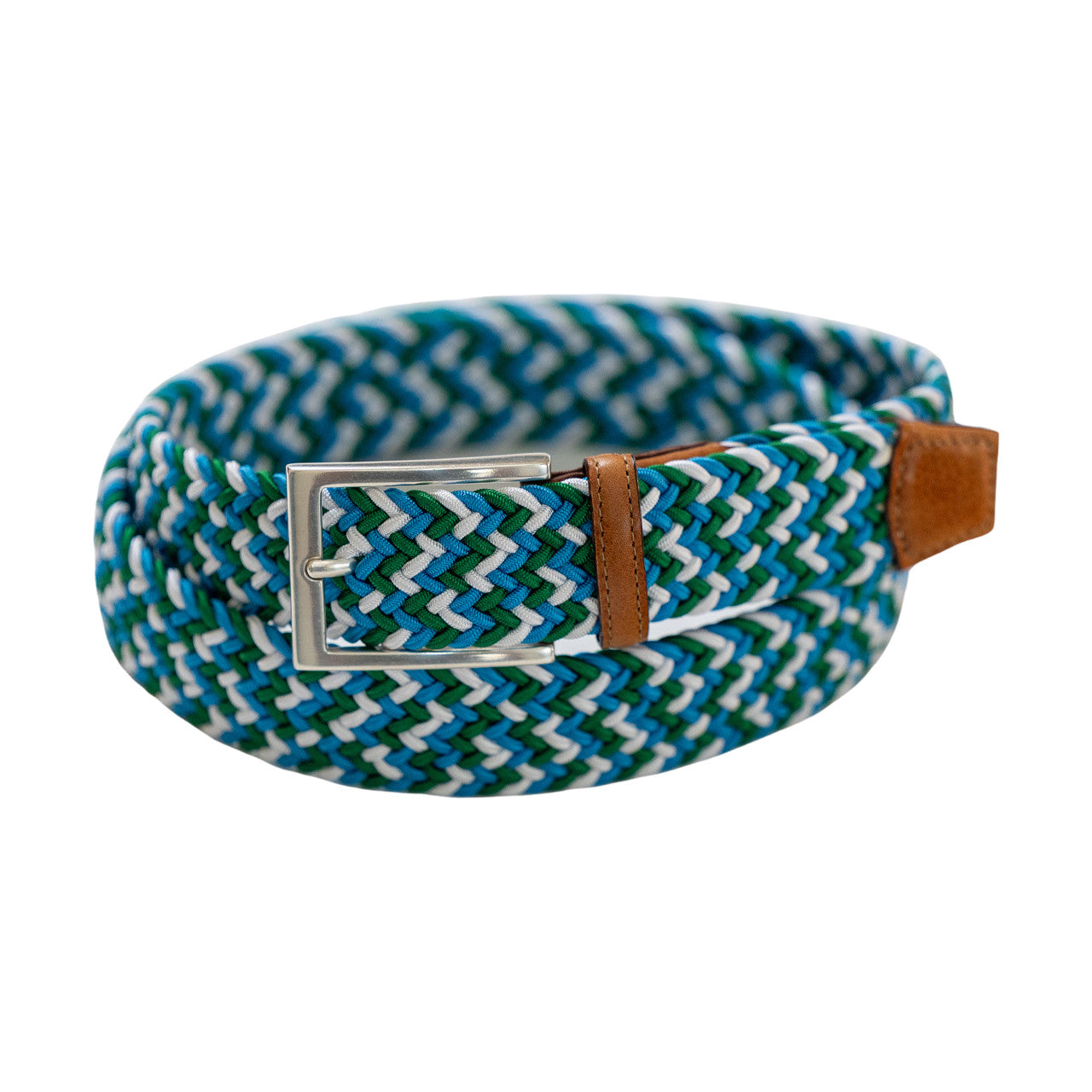 Game Day Italian Woven Stretch Belt in Green, White, and Light Blue by Torino Leather