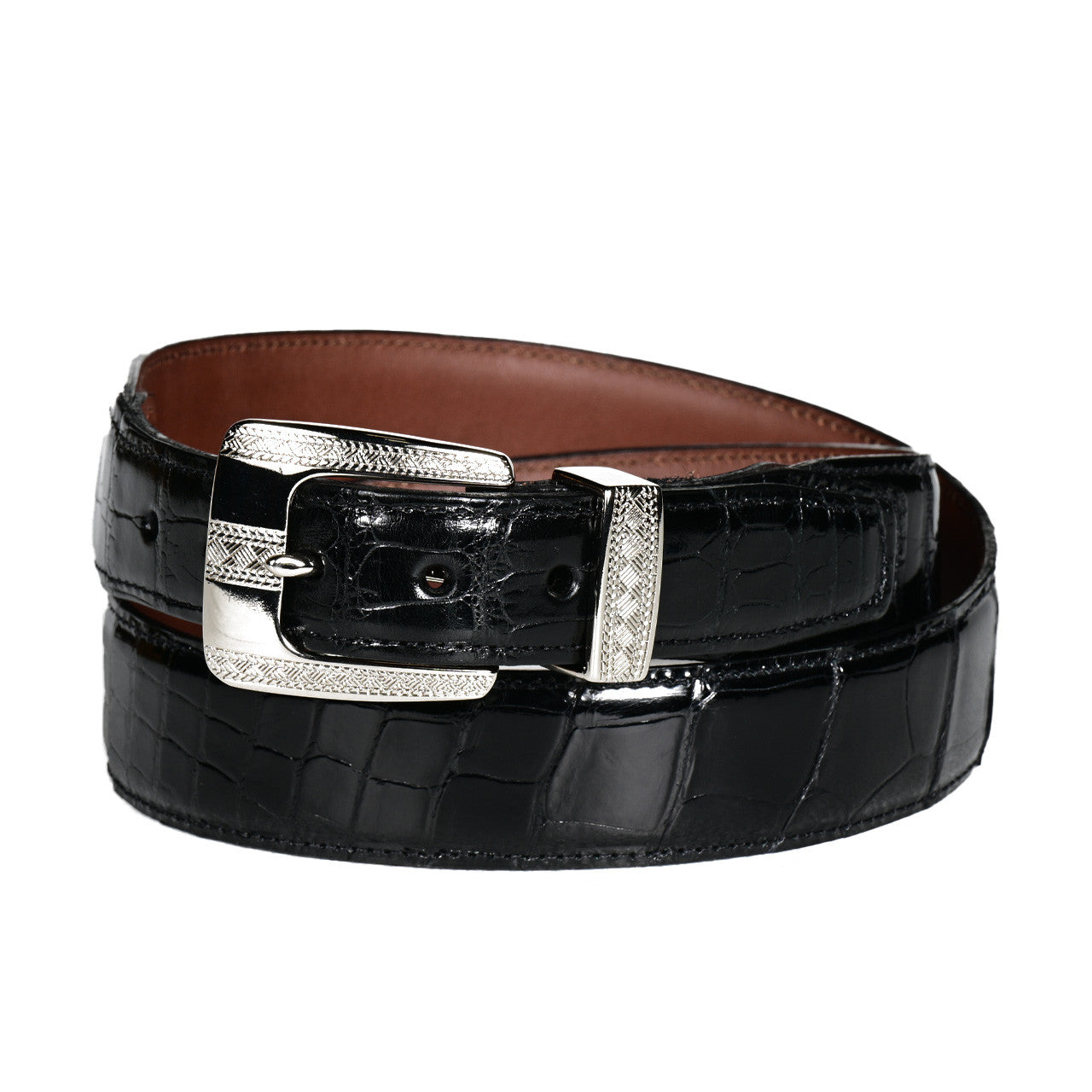 American Alligator Leather Belt with Etched Silver Buckle and Loop in Black by Torino Leather