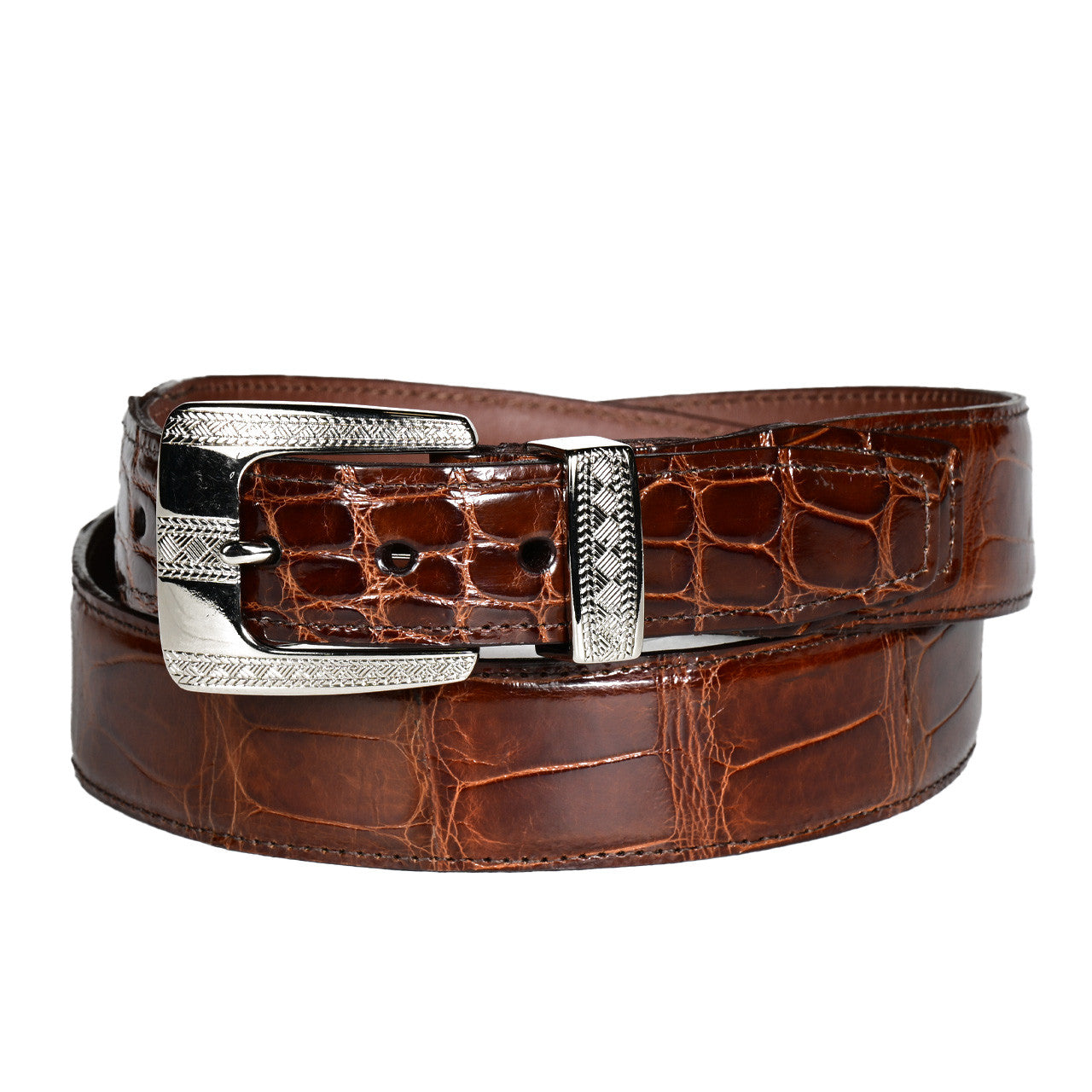American Alligator Leather Belt with Etched Silver Buckle and Loop in British Tan by Torino Leather