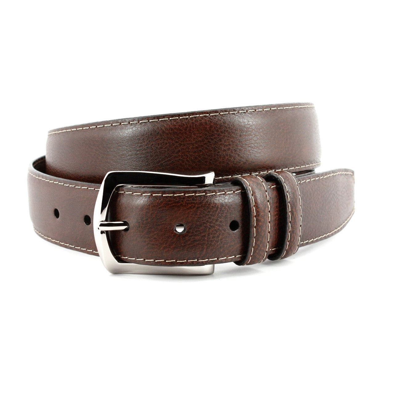 Italian Soft Calfskin Belt with Contrast Stitching in Brown