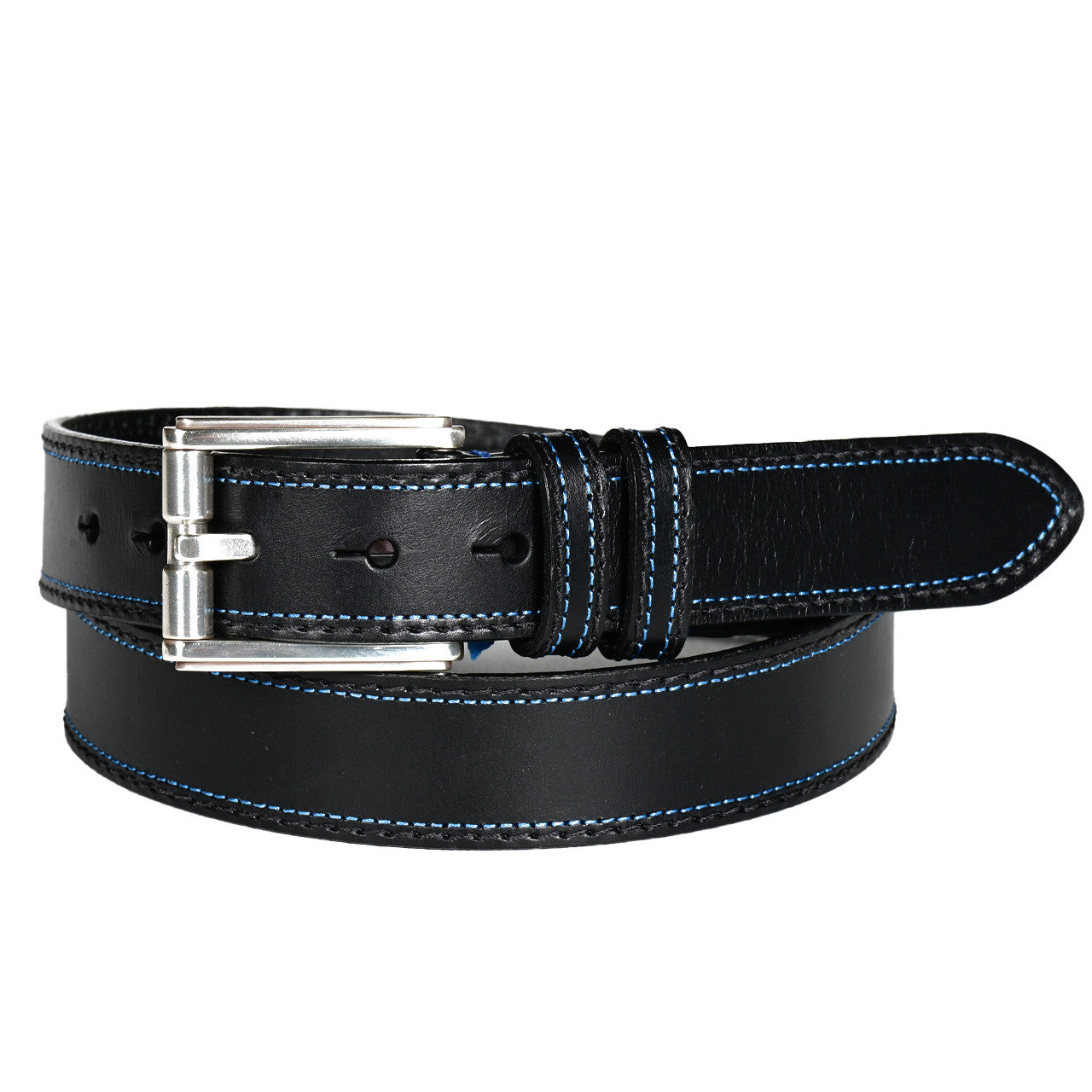 Distressed Waxed Harness Leather Belt with Charcoal and Blue Stitch in Charcoal by Torino Leather