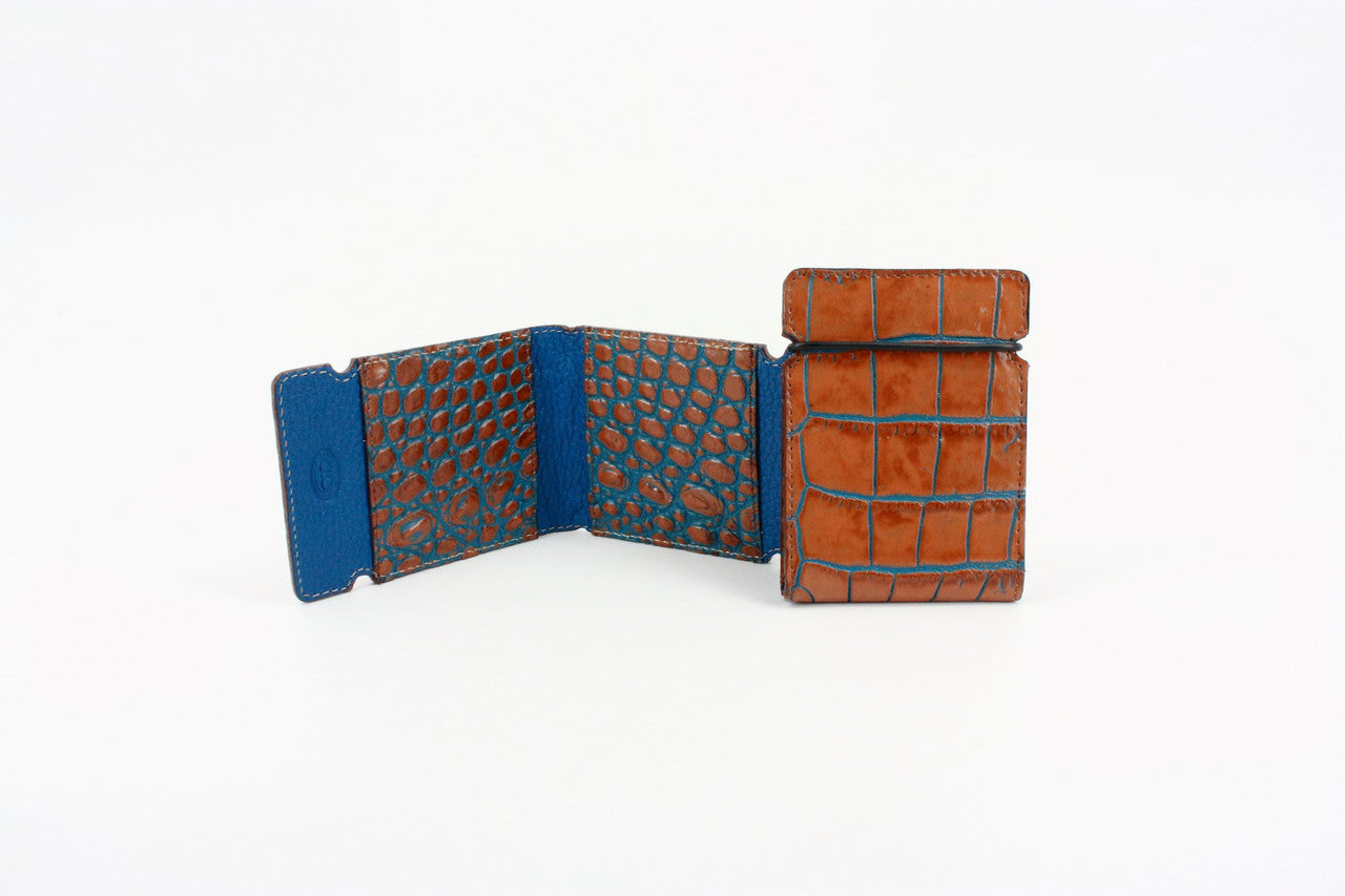 Embossed Crocodile Calfskin Cash Cover Front Pocket Wallet in Tan with Blue