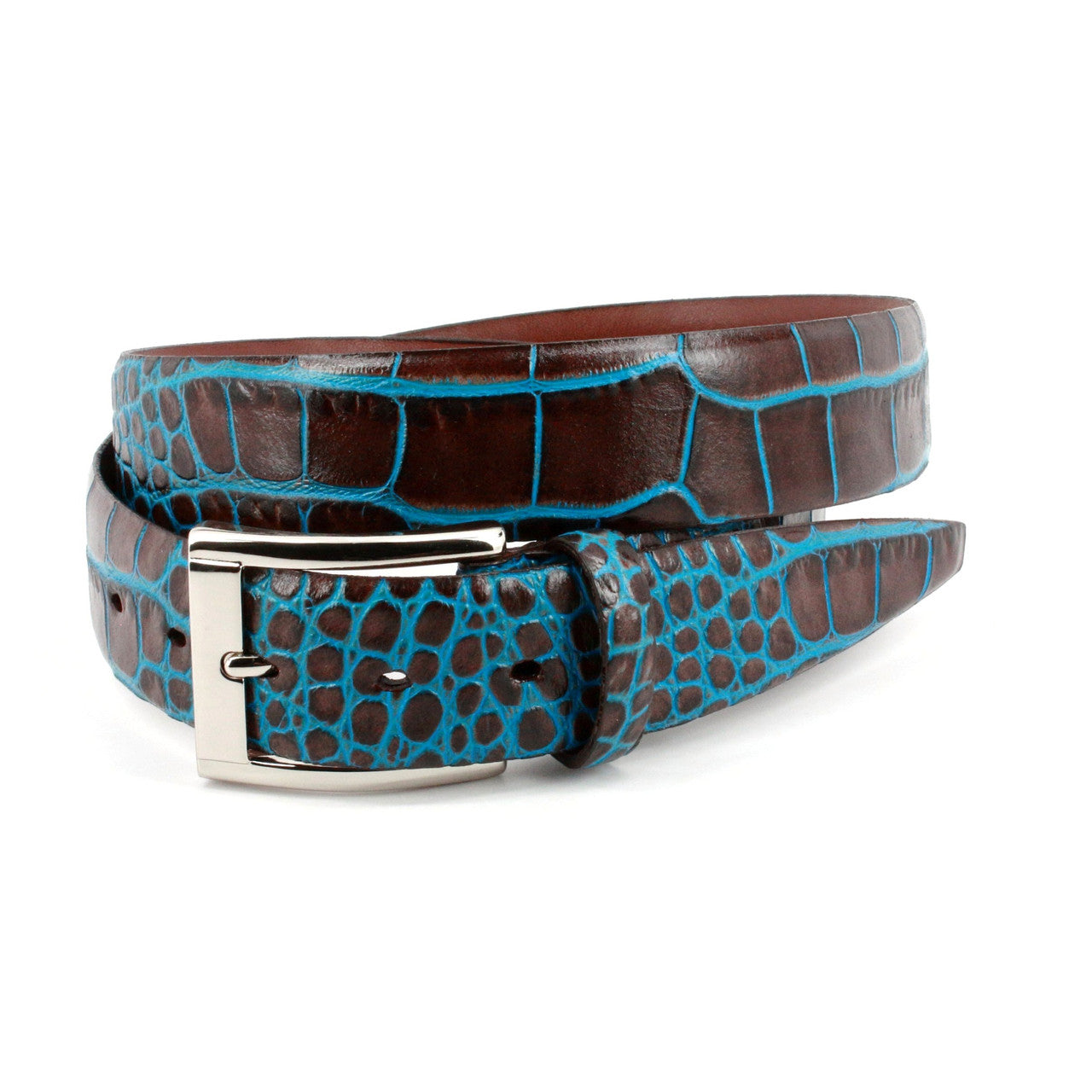 Faux Crocodile Embossed Dress Casual Calfskin Belt in Brown with Blue