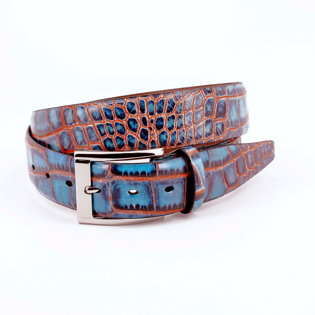 Blue with Red Crocodile Embossed Dress Casual Calfskin Belt