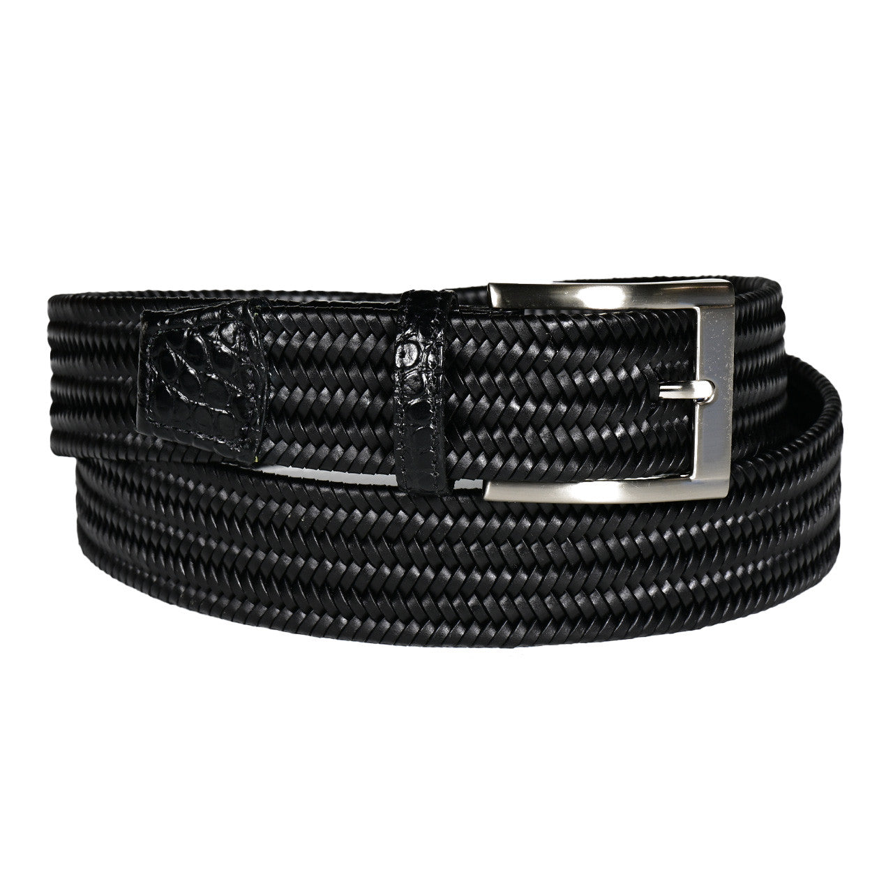 Italian Woven Calfskin Belt with Embossed Gator Tabs and Satin Nickel Buckle in Black by Torino Leather