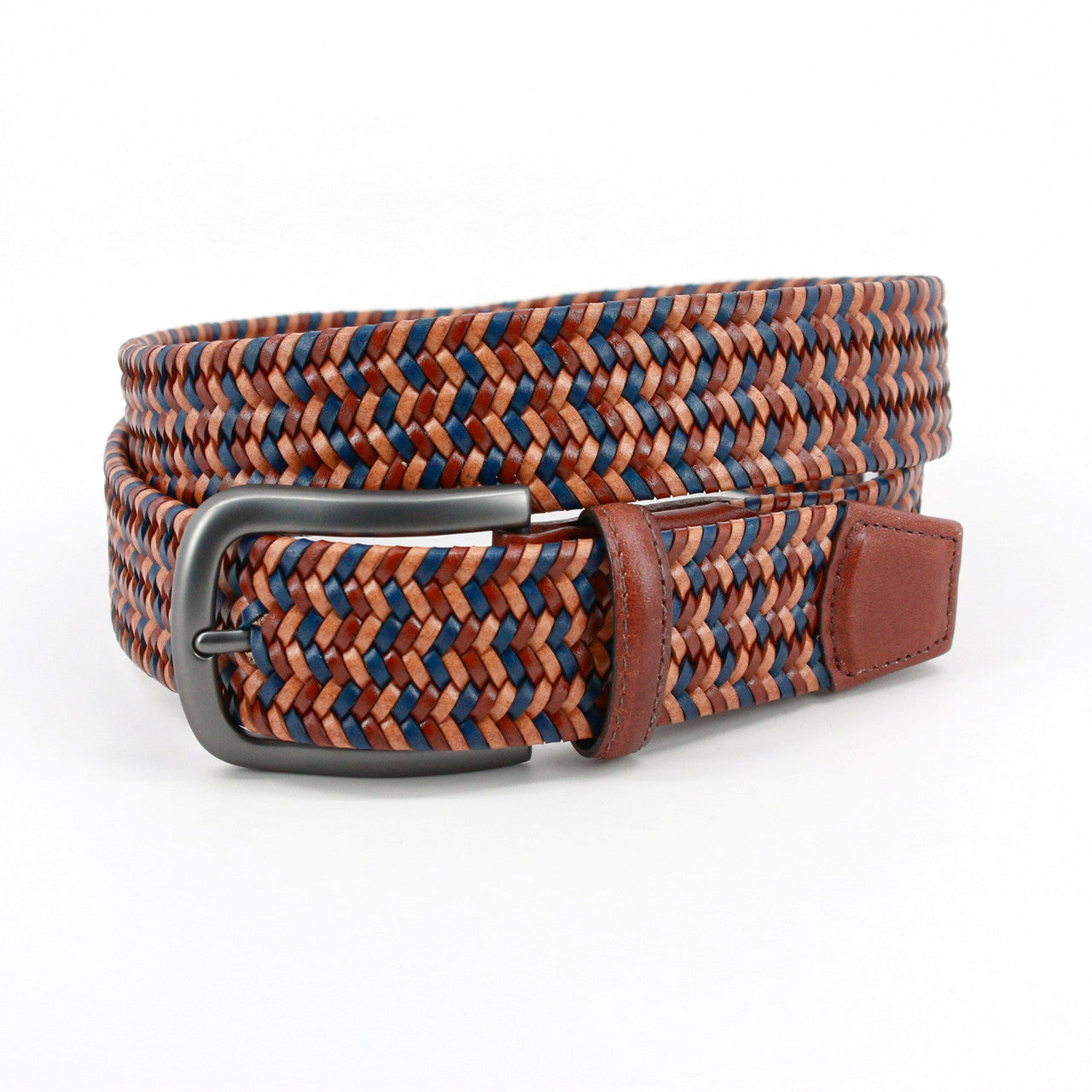 Multi colored Tan, blue & cognac Italian Mini Strand Woven Leather belt