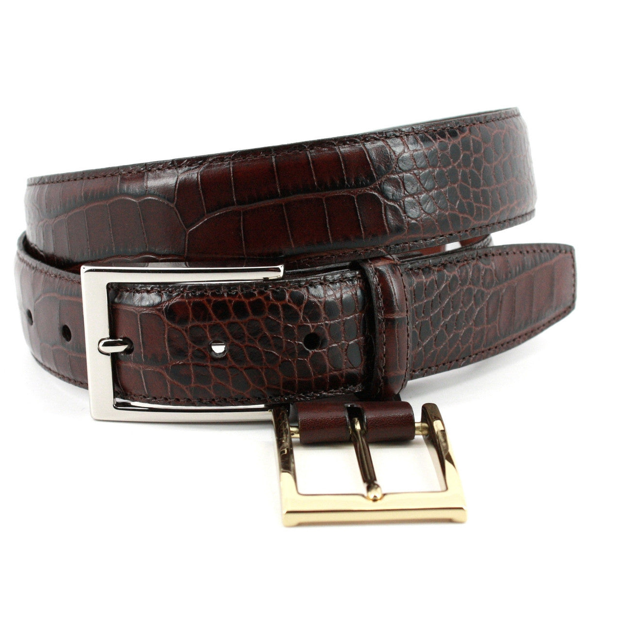 Big & Tall Faux Alligator Grain Embossed Calfskin Belt in Brown