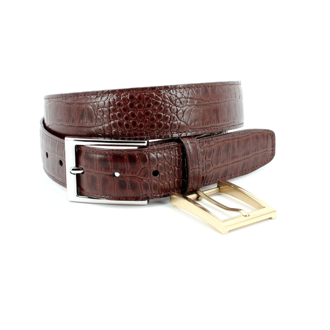 Alligator Grain Embossed Calfskin Dress Belt in Acorn Brown