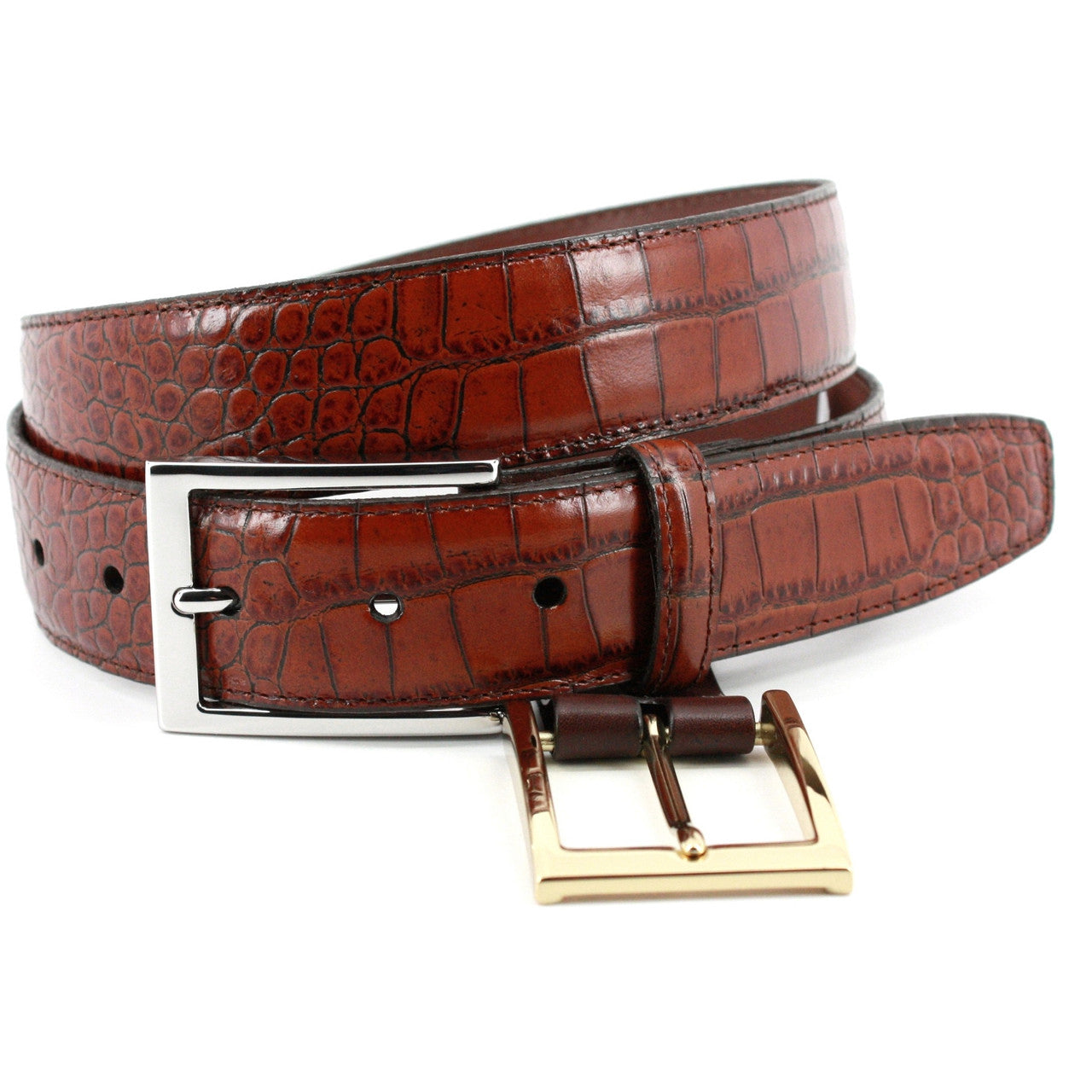 Faux Alligator Embossed Calfskin Dress Belt in Cognac