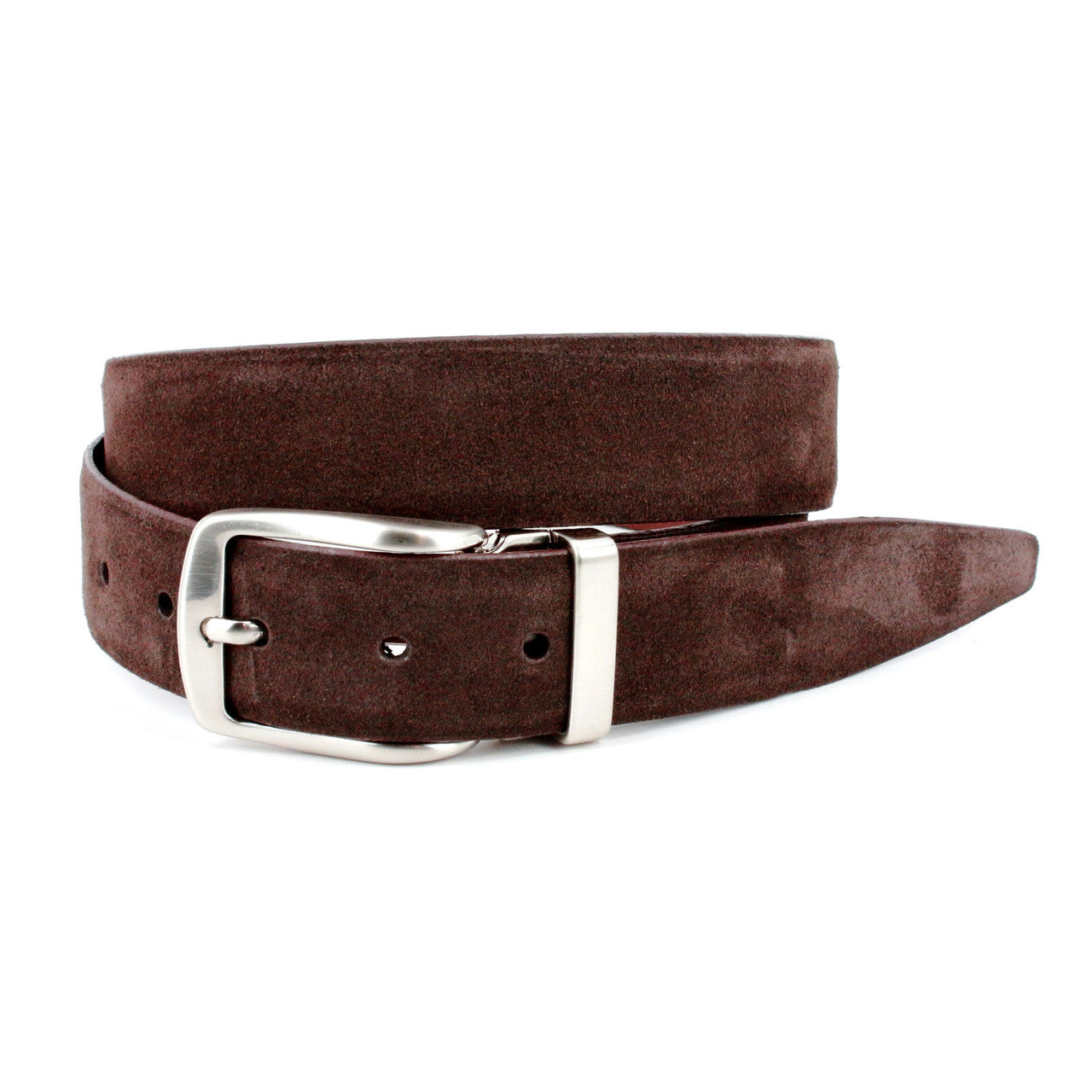 Italian Suede Calfskin Dress Casual Belt in Brown with Satin Nickel Buckle and Loop