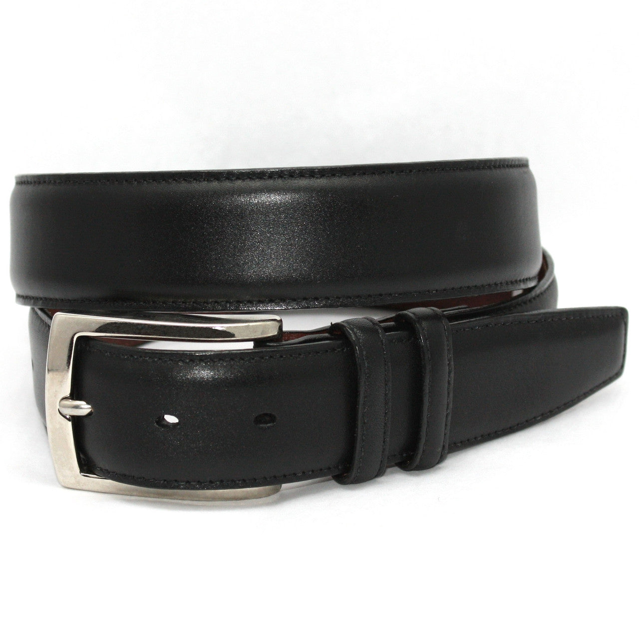 Italian Burnished Calfskin Dress Belt in Black with Nickel Buckle