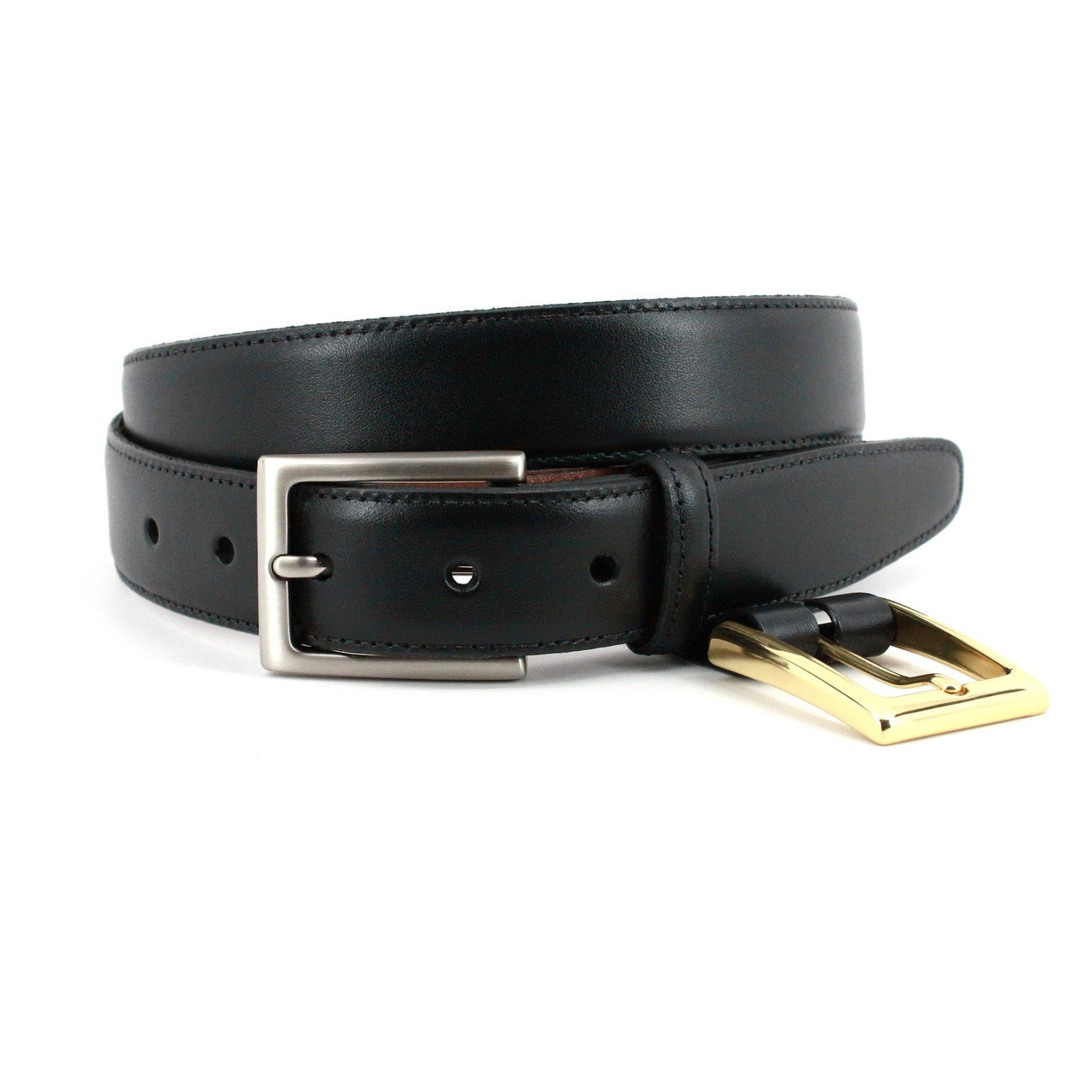 Black Glazed Kipskin Leather Dress Belt with Double Buckle Option