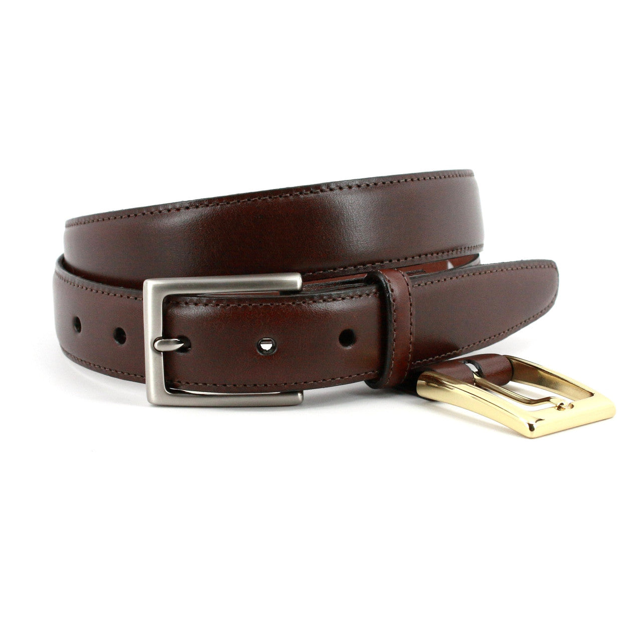 Brown Glazed Kipskin Leather Dress Belt with Double Buckle Option