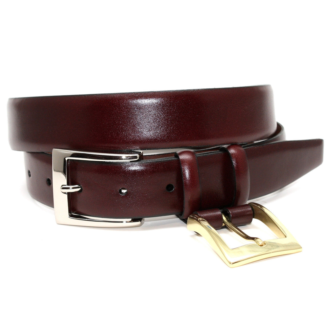 Italian Calfskin Dress Belt with Double Buckle Option in Burgundy