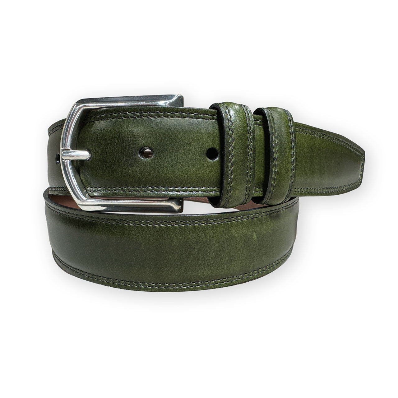 Contrast Stitched Padded Calfskin Belt in Olive by Torino Leather