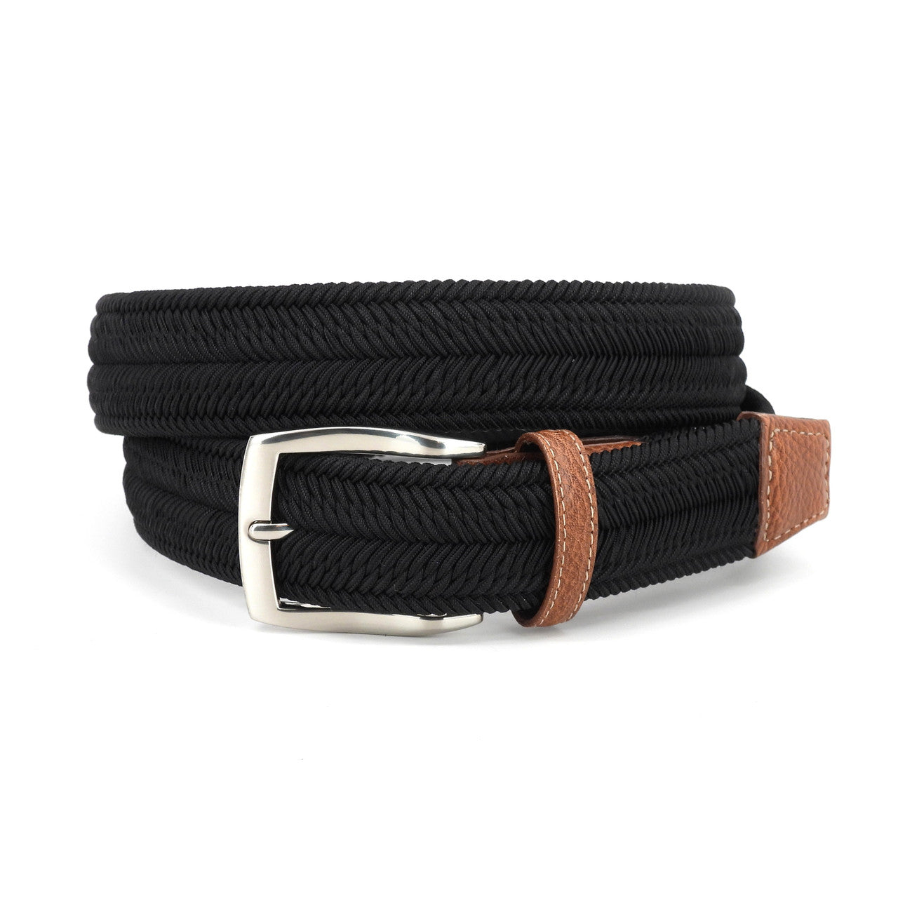 Italian Woven Herringbone Rayon Stretch Casual Belt in Black